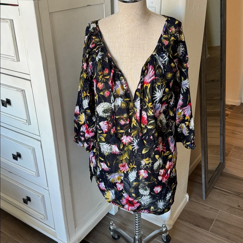 J. Crew L K5050 scoop neck tassel tie floral tunic beach dress coverup